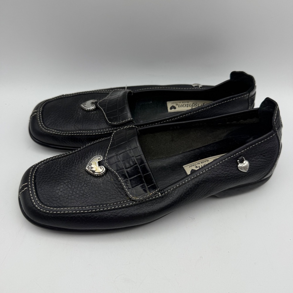 Brighton Ursa Loafers Womens 7 Black Leather Heart Croc Italian Square Toe